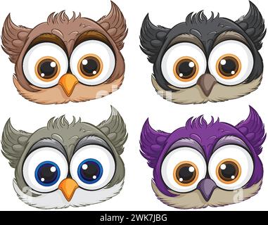 Four cute owls with different feather colors. Stock Vector