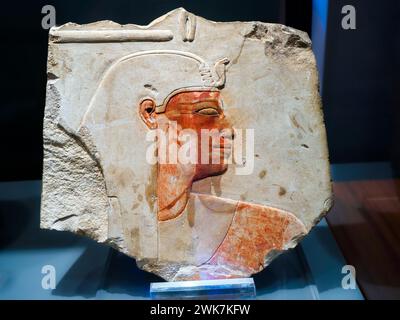 Fragmentary relief of Amenhotep I - New Kingdom, Dynasty XVIII, reign of Amenhotep I (1525 - 1504 BC) - Painted limestone. from Upper Egypt, Great Temple of Amon at Karnak, chapels of Amenhotep I - Museo di Scultura Antica Giovanni Barracco, Rome, Italy Stock Photo