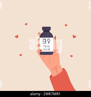 Folic acid. Female hand holding vitamin B9. Risk reducing. Woman taking vitamins for baby health. Supplements for pregnant. Vector illustration in Stock Vector