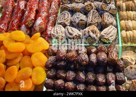 Dried fruits, sweetness, figs, dried apricot and dates sell on the Egyptian market in Istanbul, Turkey Stock Photo