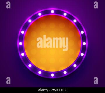 Neon frame with circle shape on the red brick wall. Classic round 80s ...