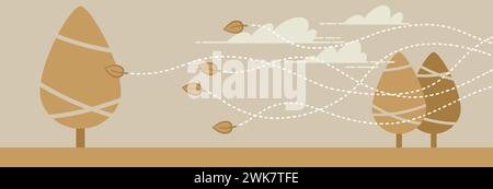 Banner of an autumn landscape with leaves blown by the wind. Drawing made with simple geometric shapes. Stock Vector