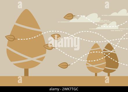 Illustration of an autumn landscape with leaves blown by the wind. Drawing made with simple geometric shapes. Stock Vector