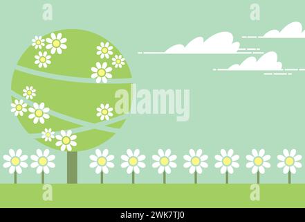 Illustration of a spring landscape with daisies in the field. Drawing made with simple geometric shapes. Stock Vector