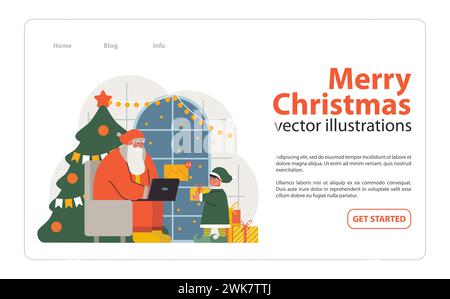 Christmas celebration web banner or landing page. Santa Claus sitting in the chair with a laptop checking emails. Elf with parcels for children packing toys. Flat vector illustration Stock Vector