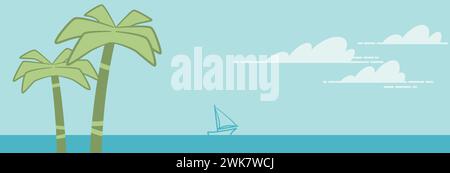 Banner of a summer landscape with two palm trees on the beach. Drawing made with simple geometric shapes. Stock Vector
