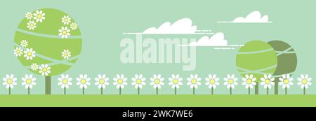 Banner of a spring landscape with daisies in the field. Drawing made with simple geometric shapes. Stock Vector