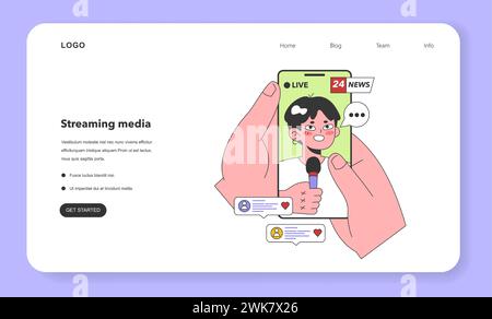 Streaming media service web banner or landing page. Online platforms subscription. Phone screens with educational, entertaining and news content. Flat vector illustration Stock Vector