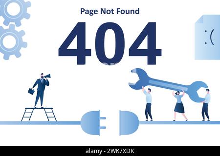 404 error,page not found landing page template. Businessman use megaphone, programmers holding wrench. Funny tiny people. Site under construction. Tre Stock Vector