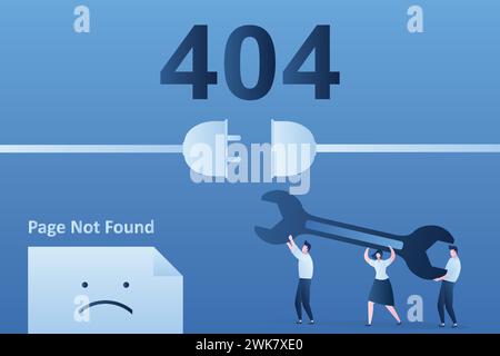 404 error,page not found landing page template. Group of programmers holding wrench. Funny tiny people characters. Site under construction. Trendy blu Stock Vector