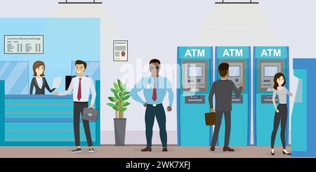 People inside bank, office interior design. Businesspeople use atm and terminals. Cartoon bank manager and customers. Security guard in uniform. Human Stock Vector