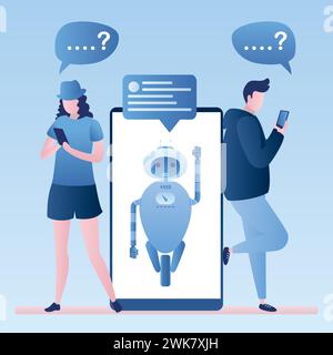 Chatbot robot concept background. Dialog help service. Humans use smartphones, bot with speech message on screen. AI helps people, online support and Stock Vector