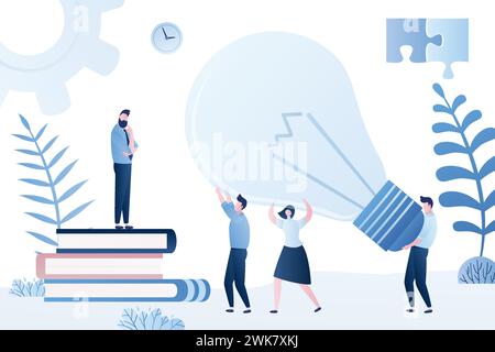 Businesspeople holding big idea bulb. Male boss or chief thinking and need new ideas. Teamwork,solution and decision concept. Path to success, brainst Stock Vector