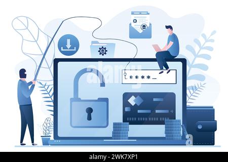 Data phishing concept background. Online scam, malware and password phishing. User with laptop and hacker in mask attack computer and steals informati Stock Vector