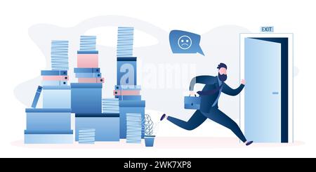 Office worker runs away from work. Male employee and huge heap of paper documents and folders. Funny Businessman quickly leaves workplace. Doorway, op Stock Vector