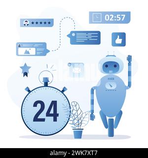 Chatbot robot concept background. Dialog help service. Speech bubble with user avatar and massage and funny bot with online support. Feedback and 24 h Stock Vector