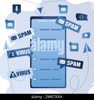 Modern mobile phone with mail application. Mailing advertising, phishing, spreading malware irrelevant unsolicited spam message. Spam, unsolicited mes Stock Vector