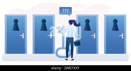 Businesswoman with big key standing in front of doors with keyholes. Beauty woman chooses the right path to success. Female character back view in tre Stock Vector