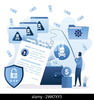 Data phishing concept background. Online scam, malware and password phishing. Funny hacker in mask steals information. Wallet with money. Financial Se Stock Vector
