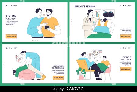 Gender transition consequences web or landing set. Gender-affirming therapy, positive and negative experience. Transgender person mental health, , activism and discrimination. Flat vector illustration Stock Vector