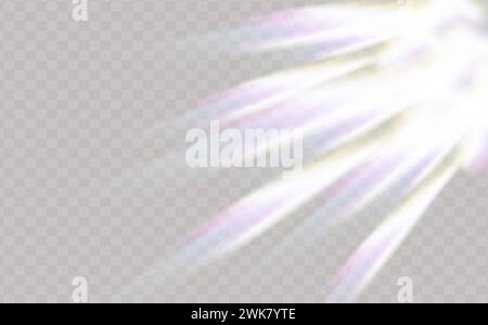 Colourful vector lens, crystal rainbow light and flare transparent effects.Overlay for backgrounds.Triangular prism concept. Stock Vector
