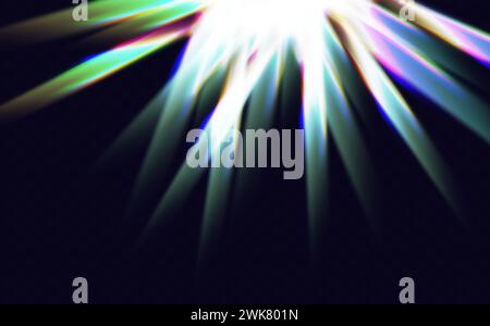 Colourful vector lens, crystal rainbow light and flare transparent effects.Overlay for backgrounds.Triangular prism concept. Stock Vector