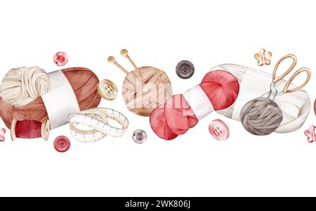 Watercolor seamless border with skeins of yarn, balls of thread, scissors, buttons, beads, knitting needles, crochet, spool. Template for design of po Stock Photo