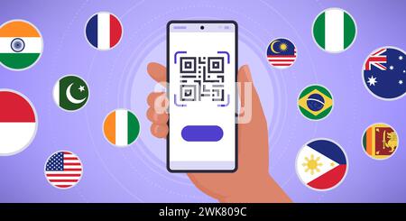 Hand holding a smartphone with QR code and international flags: payments, money transfer and currency exchange app Stock Vector