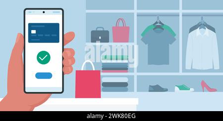 Customer using a mobile wallet app on his smartphone in a clothing store Stock Vector
