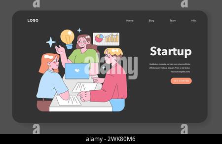 Collaborative Brainstorming concept. A team of professionals engage in a discussion at a table, a woman with a bright idea symbolized by a lightbulb, and growth graphs in the background. Flat vector. Stock Vector