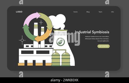 Industrial Symbiosis concept. Factory and recycling symbol depict efficient resource sharing and waste minimization. Flat vector illustration Stock Vector