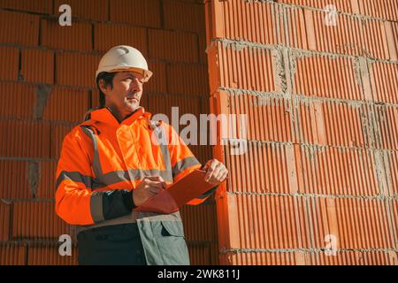 Architect and construction engineer making notes and remarks during building site inspection, selective focus Stock Photo