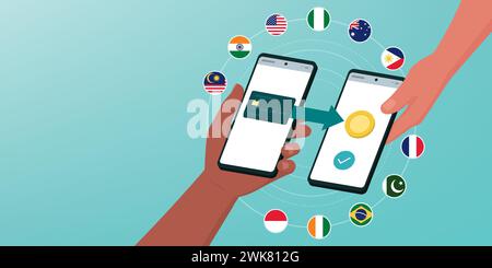 User sending money to a friend using a smartphone: P2P payments and international money transfer Stock Vector