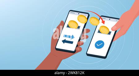 Users sending money online using apps on their smartphones: P2P payments and money transfer concept Stock Vector