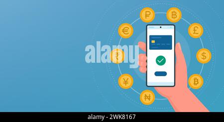 Hand holding a smartphone and international currencies: money transfer, currency exchange and payments, banner with copy space Stock Vector