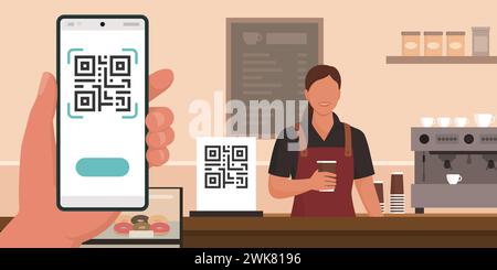 Customer holding a smartphone, scanning and paying with a QR code in a cafe Stock Vector