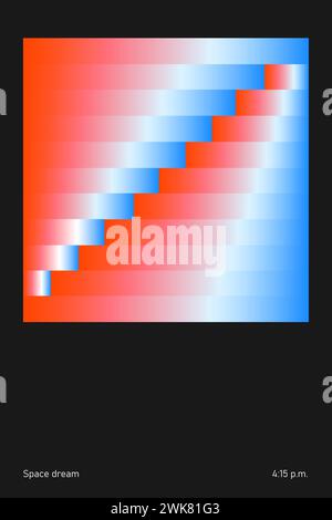Abstract digital stairway with gradient red and blue stripes on black background. Modern aesthetics, minimalist art. Stock Vector