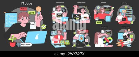Illustration of IT professionals in action, highlighting roles like software engineer and security expert, captures the dynamic essence of the tech industry. Stock Vector
