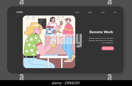 Cafe workspace vibe. Woman multitasking on laptop with coffee, while barista serves a customer. Friendly interaction at a modern coffee shop. Flat vector illustration. Stock Vector