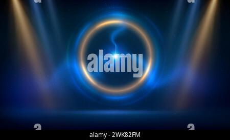 Golden, blue spotlight backdrop. Stage with golden blue circular lighting background, ball lightning. Light ring on dark stage backdrop. Glowing gold Stock Vector