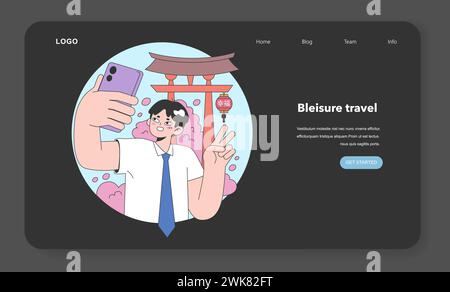 Bleisure travel web banner or landing page night or dark mode set. Business and sightseeing trip. Workation, digital nomad working globally. Leisure and business abroad. Flat vector illustration Stock Vector