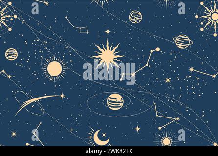 Seamless mystic space pattern, cosmos background in tarot style, astrology magic sky with planets and stars, vector Stock Vector