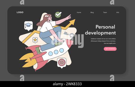 A woman's journey of self-improvement, illustrated as a rocketing ascent on growth's colorful path. Flat vector illustration Stock Vector