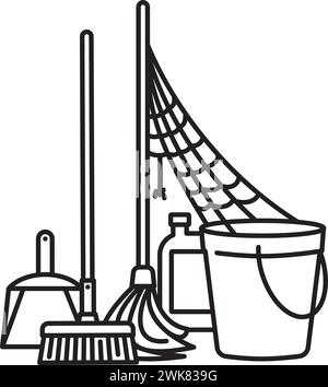 Cleaning equipment with cob web vector line icon for No House Work Day on April 7 Stock Vector