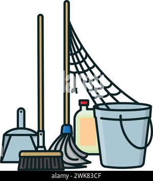Cleaning equipment with cobweb isolated vector illustration for No House Work Day on April 7 Stock Vector