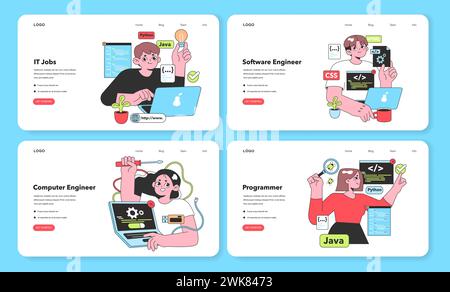 A creative and informative layout featuring vector illustrations of IT professionals: a resourceful IT Job Seeker, an innovative Software Engineer, a focused Computer Engineer, and a detail-oriented Stock Vector