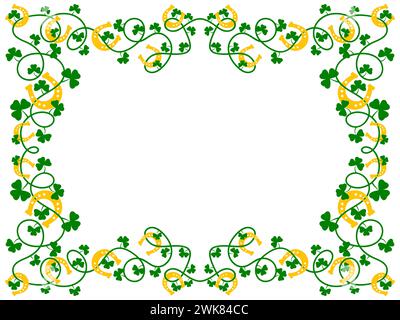 Frame with green clover leaves and horseshoes for St. Patrick's Day. Border with shamrocks and horseshoes on white background. Design for greeting car Stock Vector