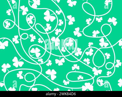 Seamless pattern of clover leaves for St. Patrick's Day. White silhouettes of clovers on a green background. Irish holiday design for wallpaper, banne Stock Vector