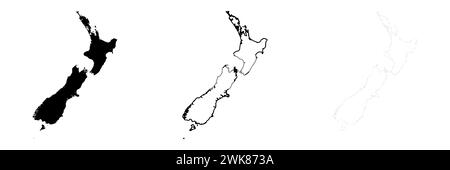 New Zealand country silhouette. Set of 3 high detailed maps. Solid black silhouette, thick black outline and thin black outline. Vector illustration isolated on white background. Stock Vector