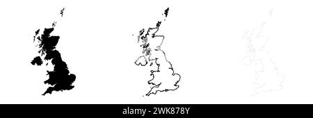 United Kingdom of Great Britain and Northern Ireland country silhouette. Set of 3 high detailed maps. Solid black silhouette, thick black outline and thin black outline. Vector illustration isolated on white background. Stock Vector